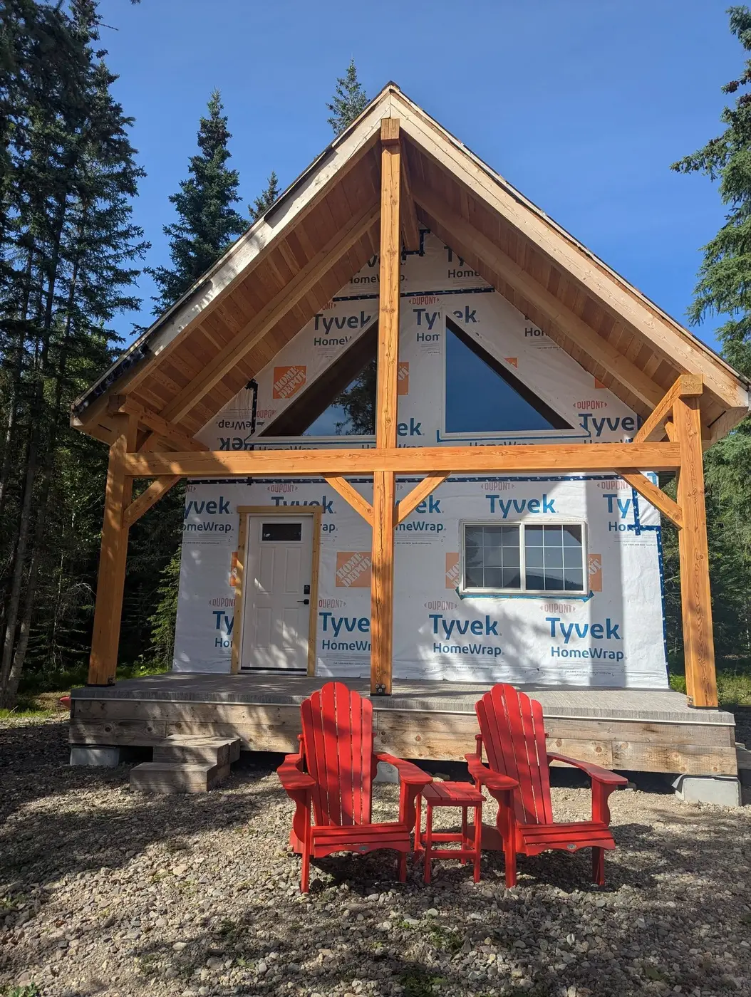Timber-frame cabin with a new deck